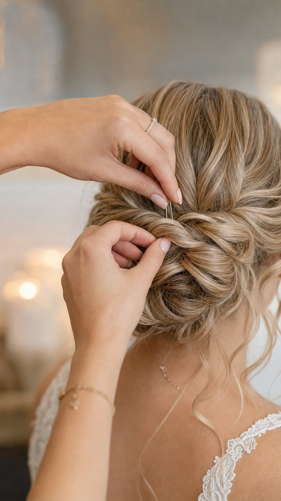 Temporary bridal hair image showing feminine hands pinning a blonde updo