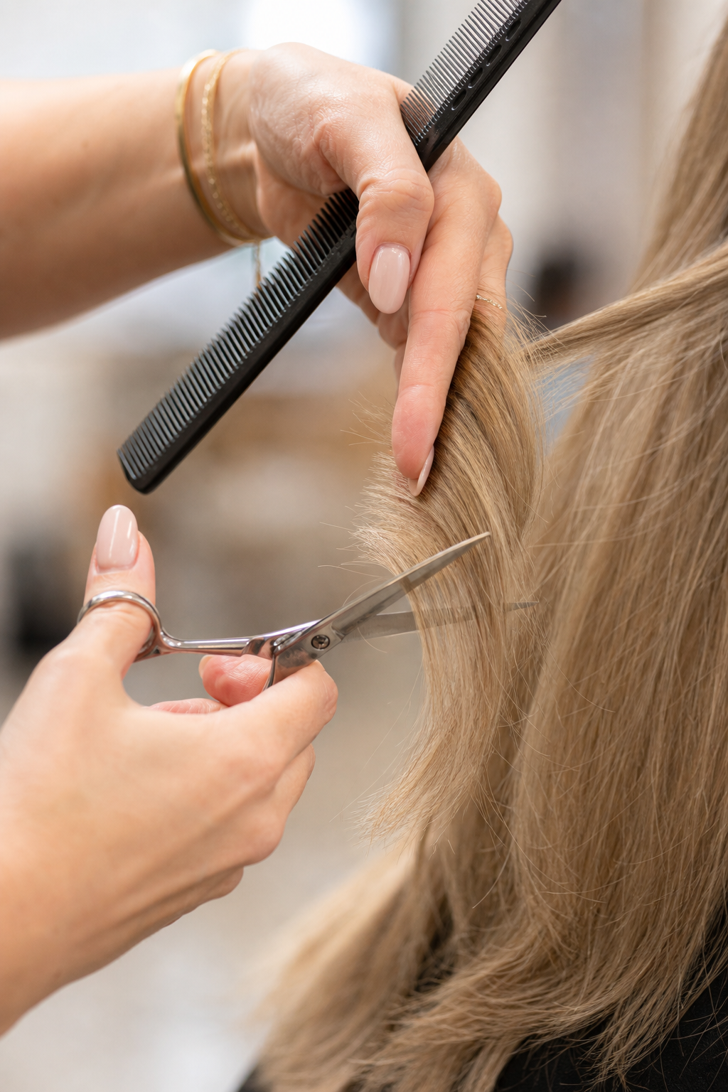 Temporary About Salon NB image showing feminine hands cutting blonde hair